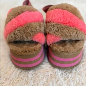 UGG Pink and Tan Fuzzy Slippers